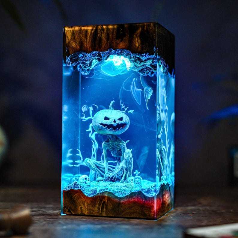 Handmade Jack-o'-Lantern Resin & Wood Lamp, Spooky Halloween Decor, Spooky Handmade Decor, Pumpkin Lantern Hanging, Christmas