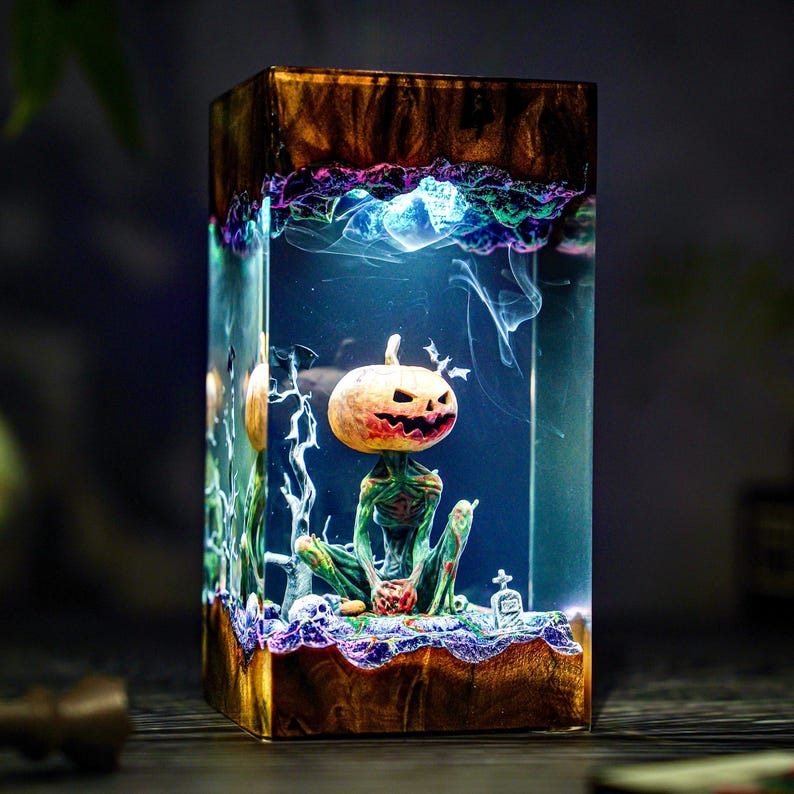 Handmade Jack-o'-Lantern Resin & Wood Lamp, Spooky Halloween Decor, Spooky Handmade Decor, Pumpkin Lantern Hanging, Christmas