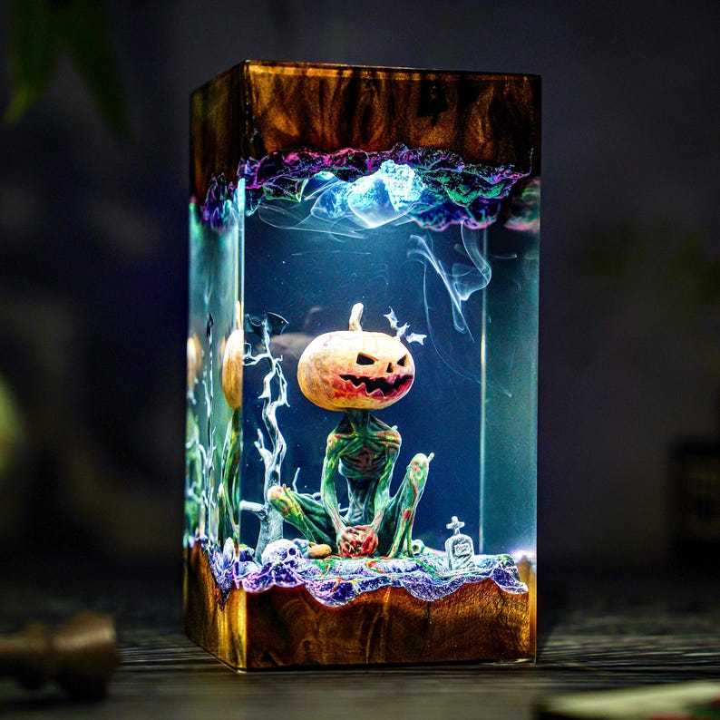 Handmade Jack-o'-Lantern Resin & Wood Lamp, Spooky Halloween Decor, Spooky Handmade Decor, Pumpkin Lantern Hanging, Christmas