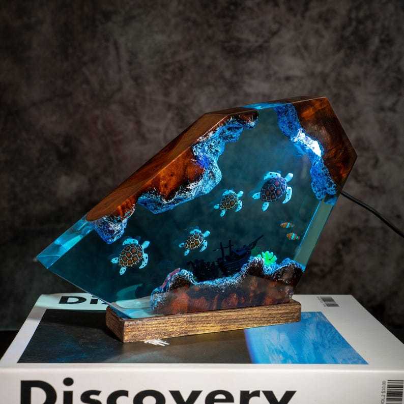 Sea Turtle Resin Ocean Lamp - Unique Epoxy Night Light for bedroom, Summer gift for her, Christmas gift