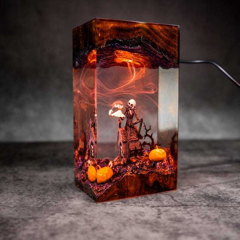 Halloween Resin Lamp: Jack and Ghost Dog, Spooky Handmade Decor