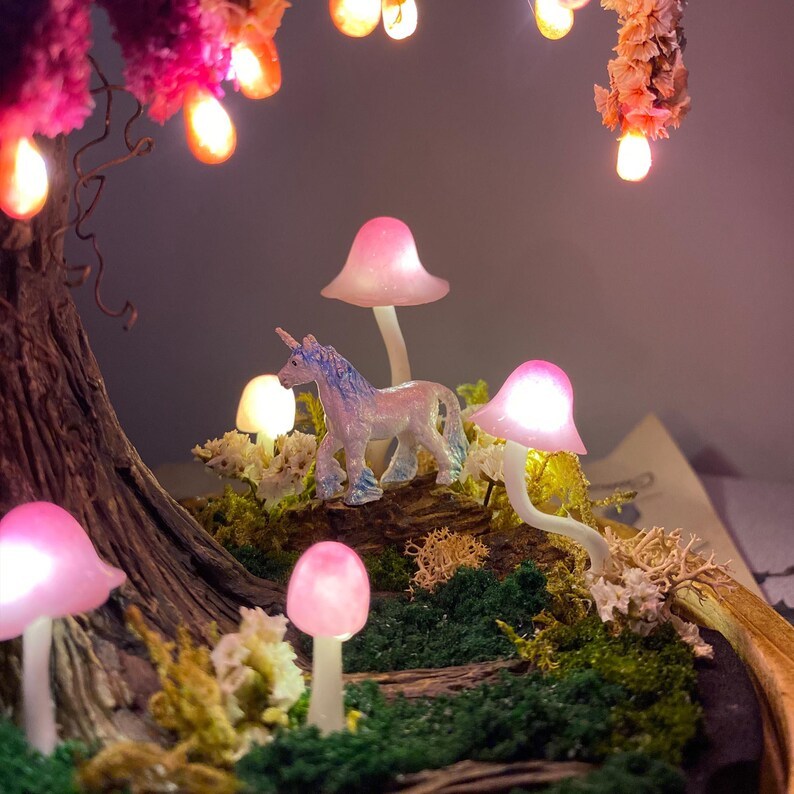 Pink Wisteria Fairy Unicorn Mushroom Night Light, Magic Mushroom Lamp, Cute Fairy Lamp, Flower Nightlight, Enchanted Fairy Decor,Unique gift