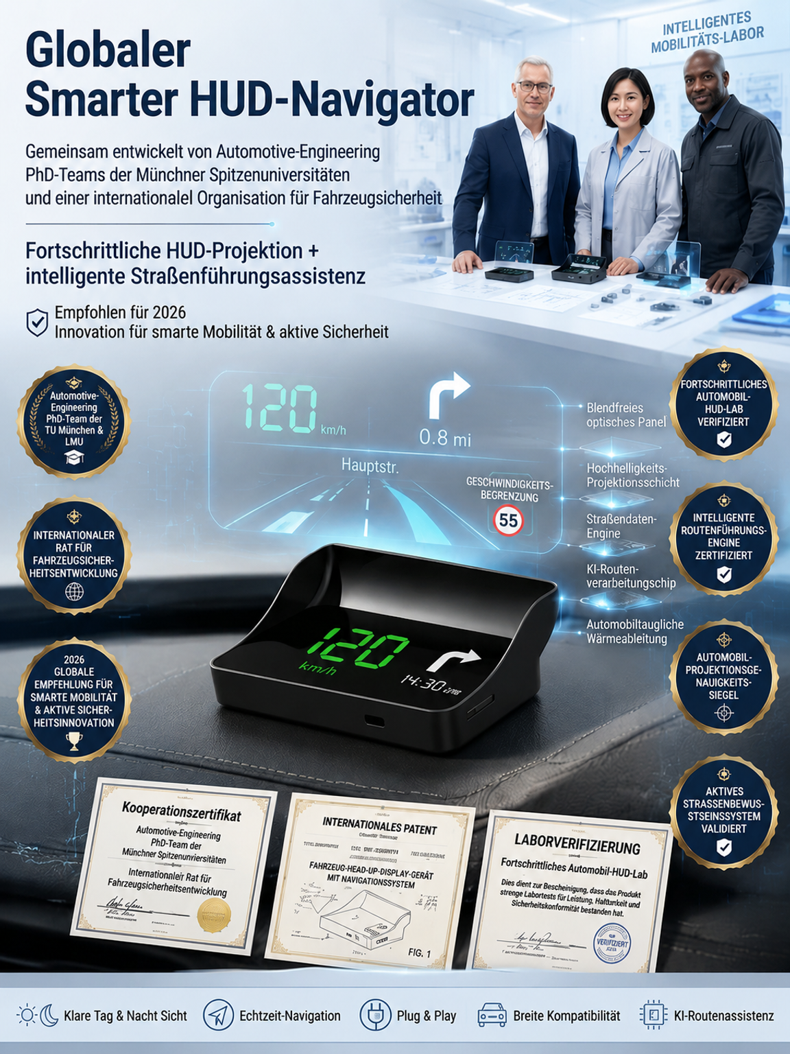 In nur 1 Sekunde wird jedes Fahrzeug zum KI-Navi!【Smartes Beifahrer-HUD】Passt perfekt in jedes Auto – egal ob PKW, SUV, Pick-up oder Camper! 