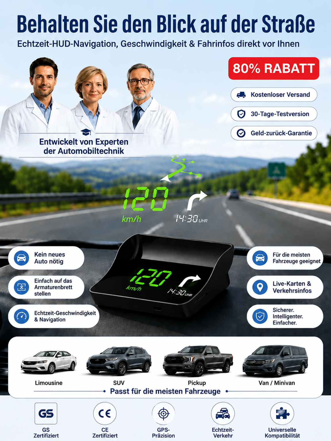 In nur 1 Sekunde wird jedes Fahrzeug zum KI-Navi!【Smartes Beifahrer-HUD】Passt perfekt in jedes Auto – egal ob PKW, SUV, Pick-up oder Camper! 