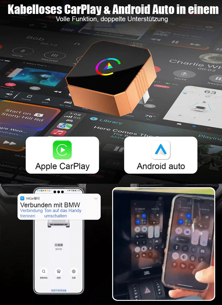 【Kein Umbau nötig, kein Setup, keine Wartezeit】3-in-1 Wireless Adapter – Kompatibel mit Apple CarPlay, Android Auto und MirrorLink.