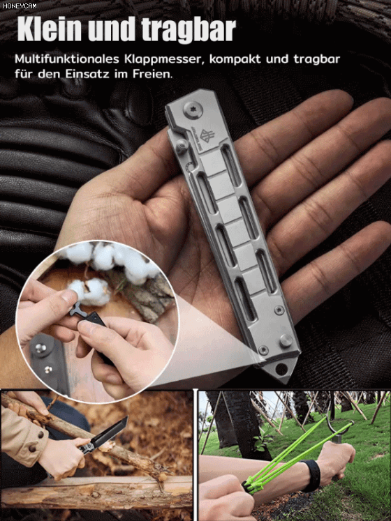 【100% Treffer bis 100 m】Messer + Schleuder in 1. Multifunktionales Selbstverteidigungs-Klappmesser