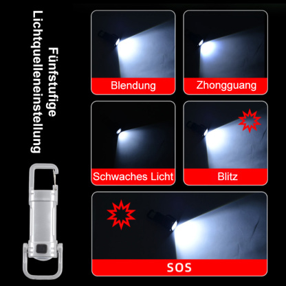 【SOS Notfalllampe + Taschenlampe + Powerbank】Mini-Taschenlampe als Schlüsselanhänger, fünf Helligkeitsstufen