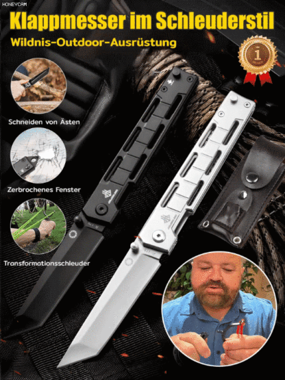 【100% Treffer bis 100 m】Messer + Schleuder in 1. Multifunktionales Selbstverteidigungs-Klappmesser