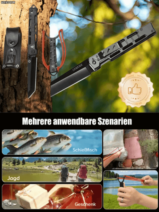 【100% Treffer bis 100 m】Messer + Schleuder in 1. Multifunktionales Selbstverteidigungs-Klappmesser