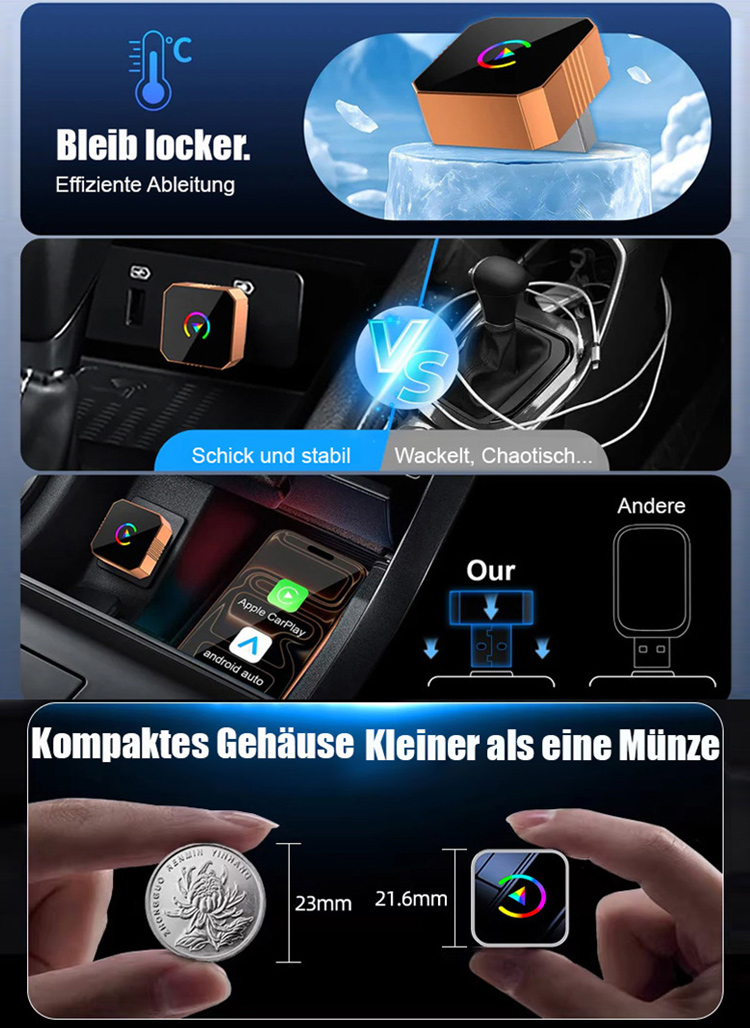【Kein Umbau nötig, kein Setup, keine Wartezeit】3-in-1 Wireless Adapter – Kompatibel mit Apple CarPlay, Android Auto und MirrorLink.
