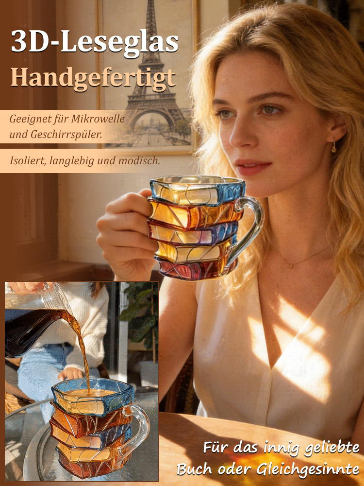 🌈Handgeätzte Details in edlen Farben: sieht aus wie ein Stapel Bücher!📚【Handgefertigt】3D-Leseglas