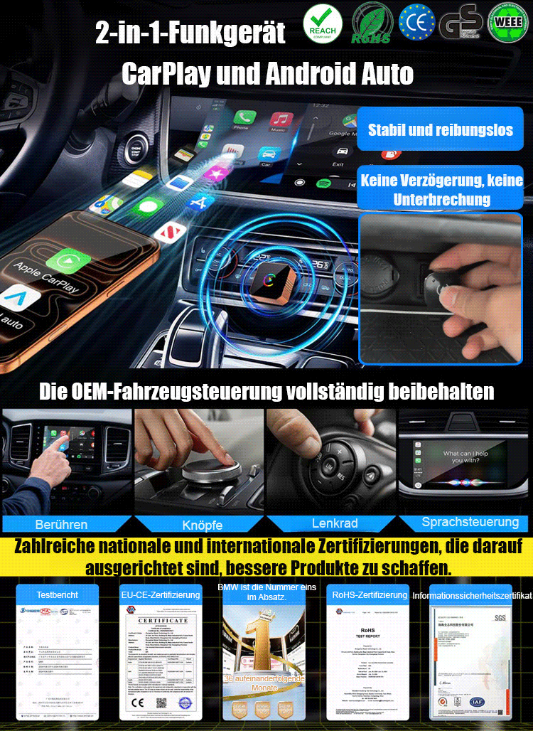 【Kein Umbau nötig, kein Setup, keine Wartezeit】3-in-1 Wireless Adapter – Kompatibel mit Apple CarPlay, Android Auto und MirrorLink.