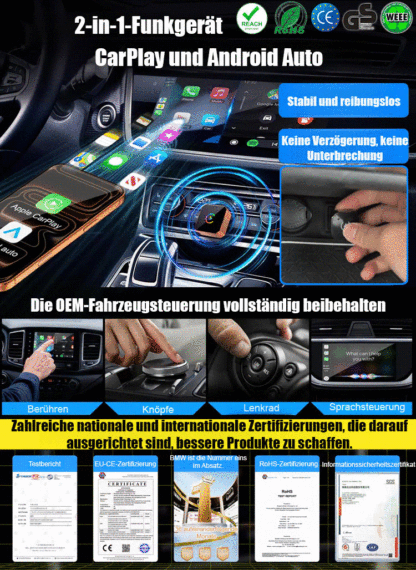 【Kein Umbau nötig, kein Setup, keine Wartezeit】3-in-1 Wireless Adapter – Kompatibel mit Apple CarPlay, Android Auto und MirrorLink.