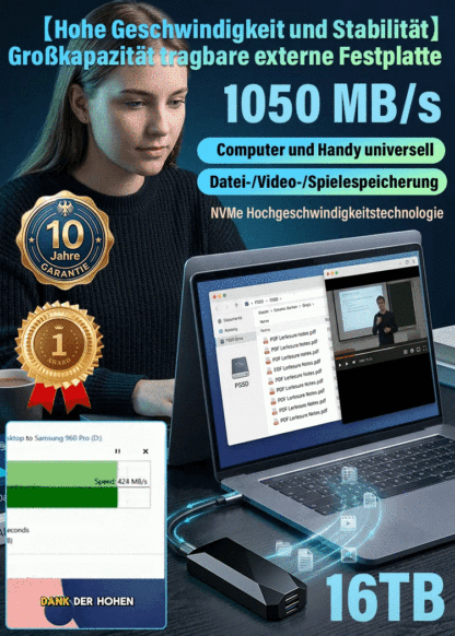 16 Terabyte Speicher | Externe tragbare SSD-Festplatte | ⚡Extrem Schnell: 905 MB/s! | 🛡️IP54 Wasser- & Stoßfest