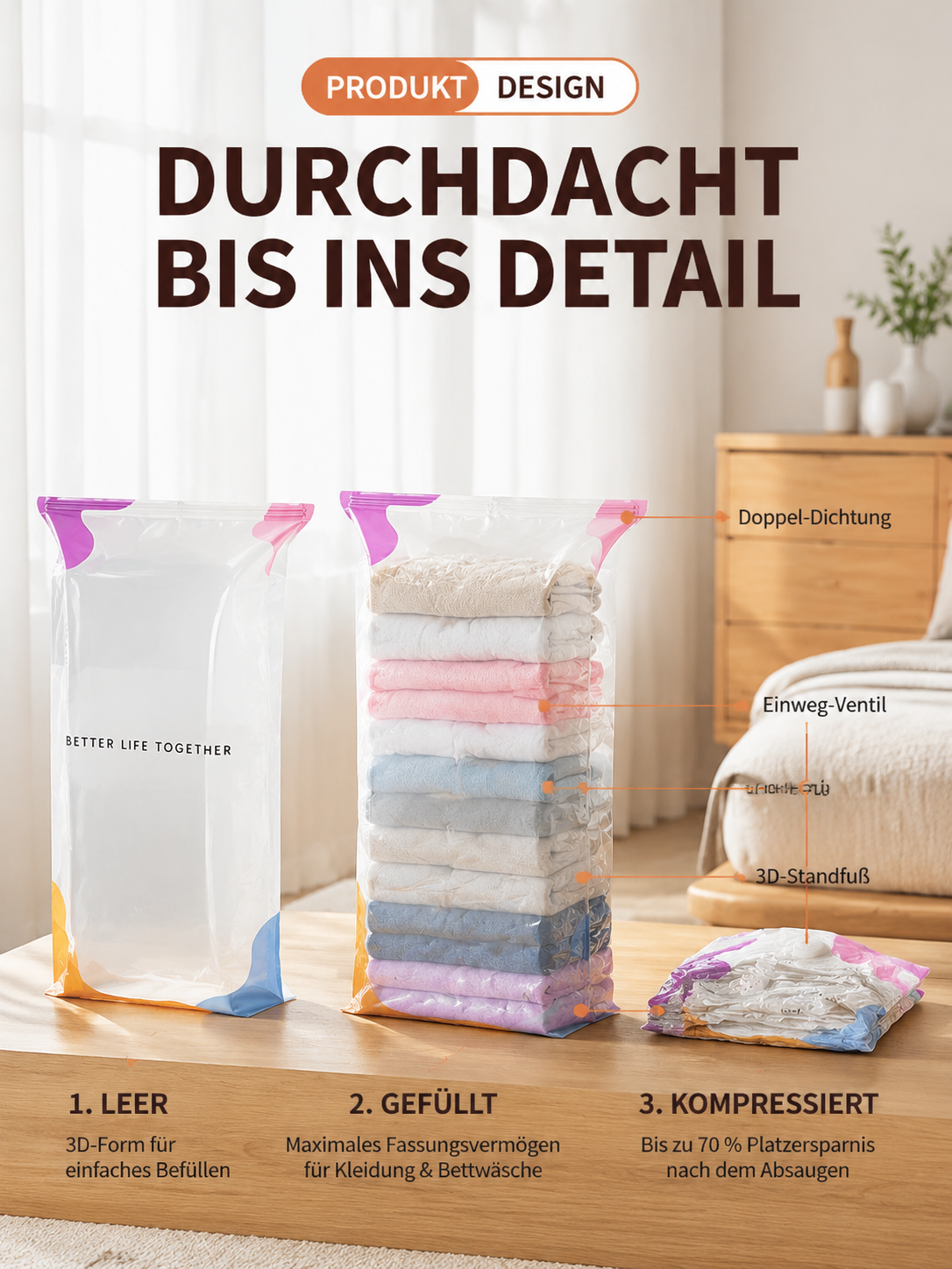 【Keine Pumpe nötig / Kein manuelles Abpumpen】Dreidimensionaler Anti-Falten Vakuumkompressions-Aufbewahrungsbeutel