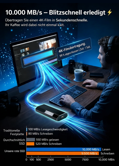 16 Terabyte Speicher | Externe tragbare SSD-Festplatte | ⚡Extrem Schnell: 905 MB/s! | 🛡️IP54 Wasser- & Stoßfest