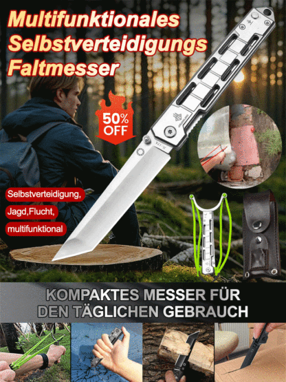 【100% Treffer bis 100 m】Messer + Schleuder in 1. Multifunktionales Selbstverteidigungs-Klappmesser