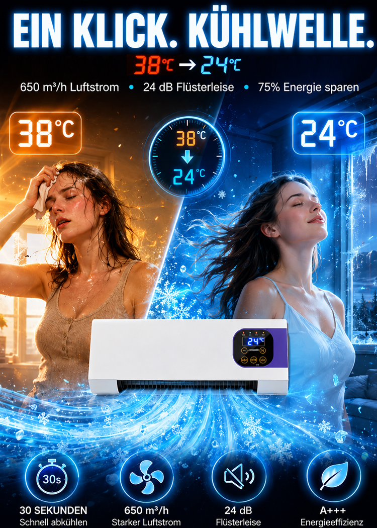 ⭐ Wandklimaanlage: 30s Kühlung | 60s Heizung | Selbstreinigend | 800m³/h Power | Energiesparend Entfeuchtung ⭐