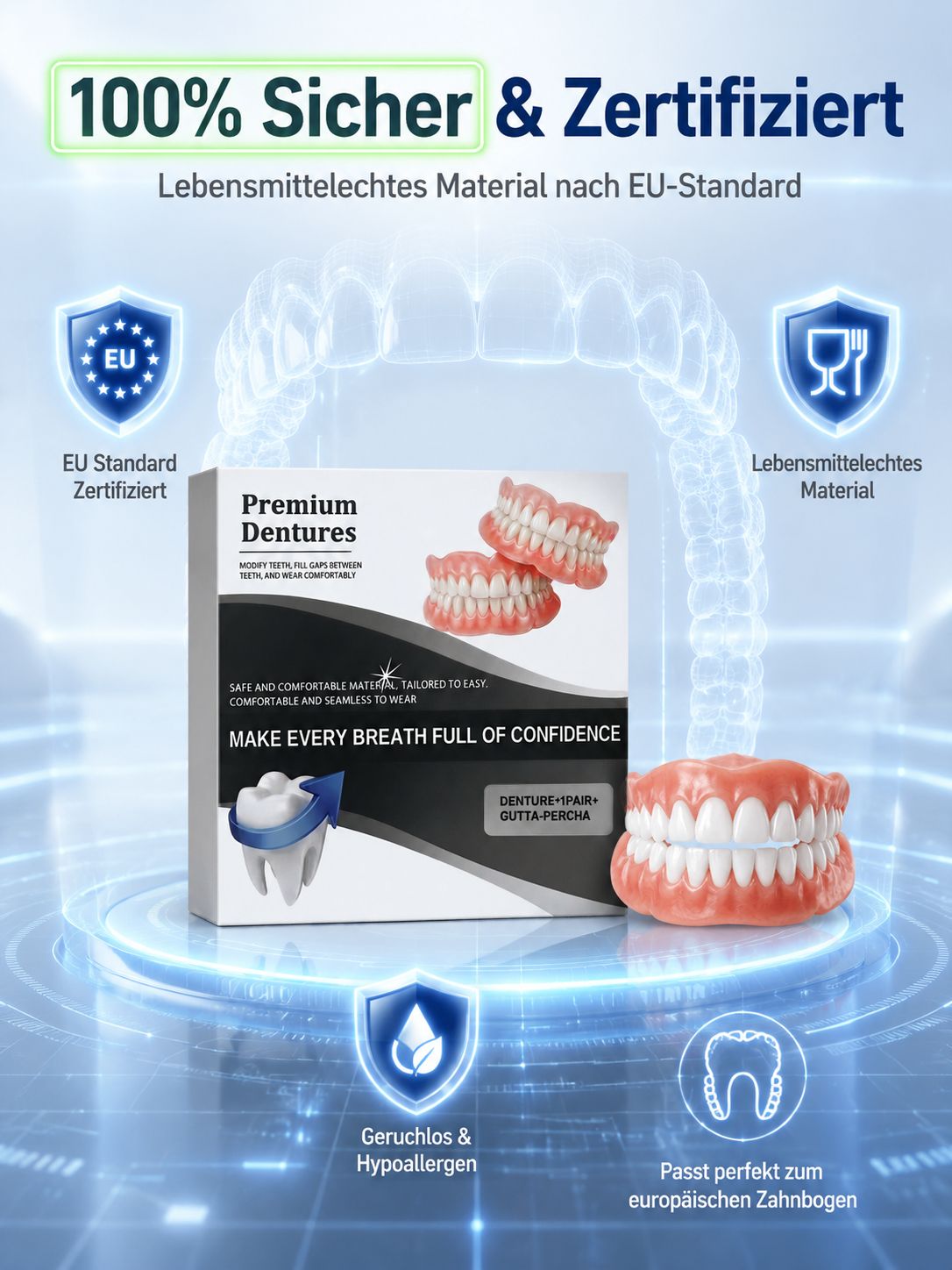 Hochwertige Zahnaufsätze aus Silikon – Perfekter Sitz ohne Haftcreme