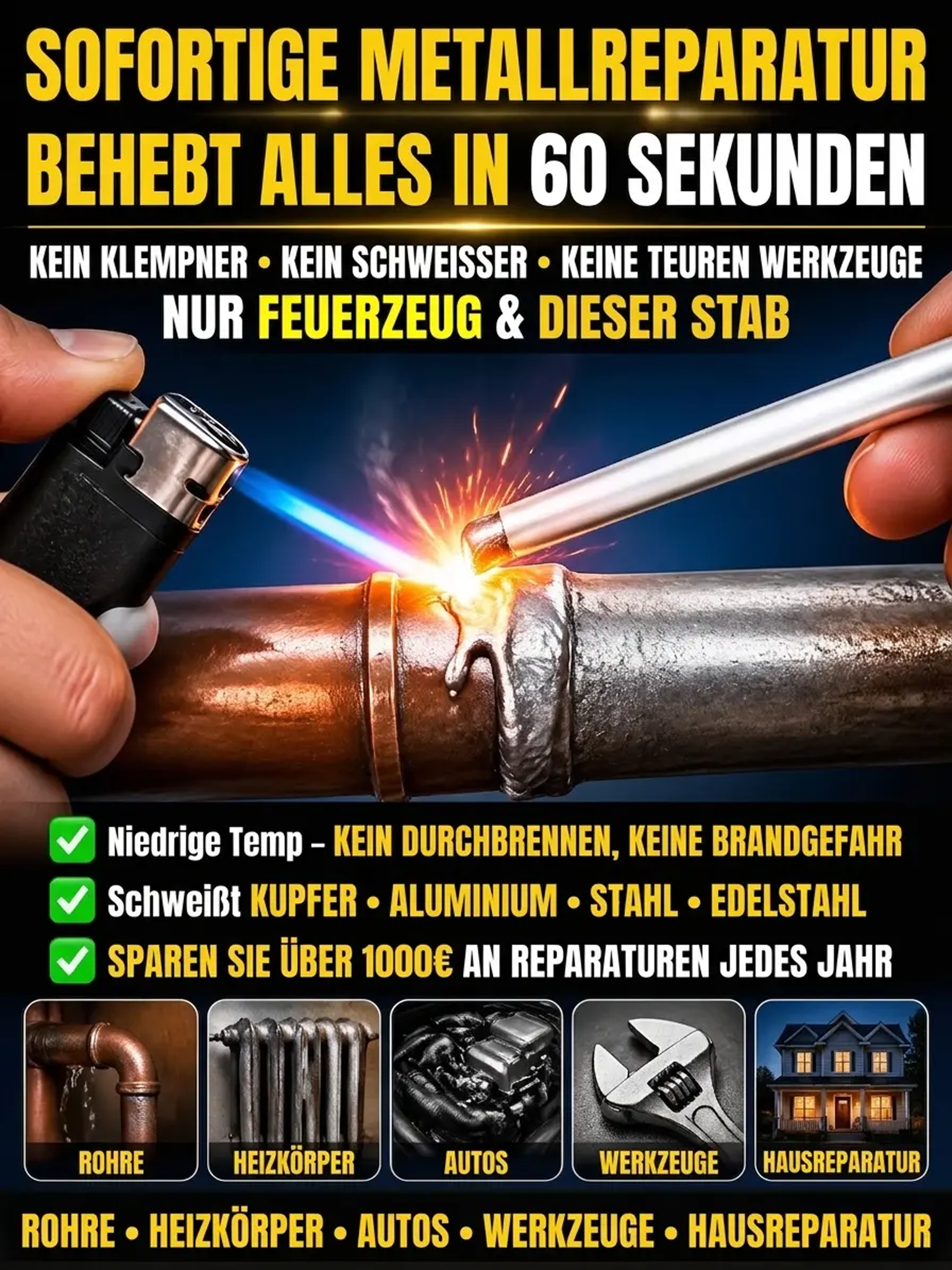 Undichte Rohre, kaputte Zäune? 30 Sekunden mit dem Feuerzeug repariert! 190°C schmelzen – 1500°C härten, stabiler als das Original. 100 Stäbe für nur 38€ – Aktion nur 2 Stunden!