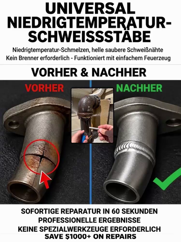 Undichte Rohre, kaputte Zäune? 30 Sekunden mit dem Feuerzeug repariert! 190°C schmelzen – 1500°C härten, stabiler als das Original. 100 Stäbe für nur 38€ – Aktion nur 2 Stunden!
