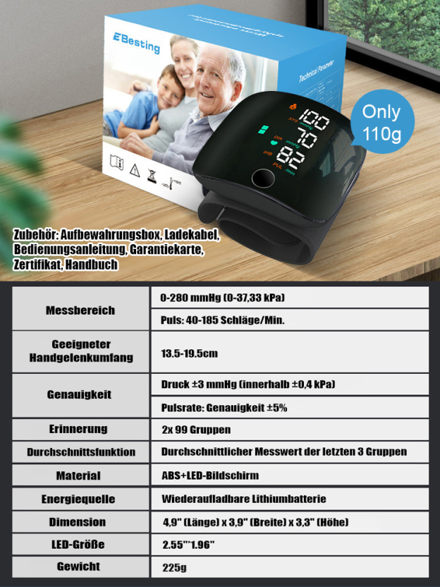 【Sprachgesteuerter Großbildschirm】Vollautomatisches Handgelenk-Blutdruckmessgerät