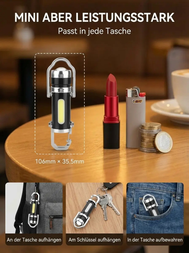 Multifunktionale Mini-Taschenlampe im Schlüsselanhänger-Format