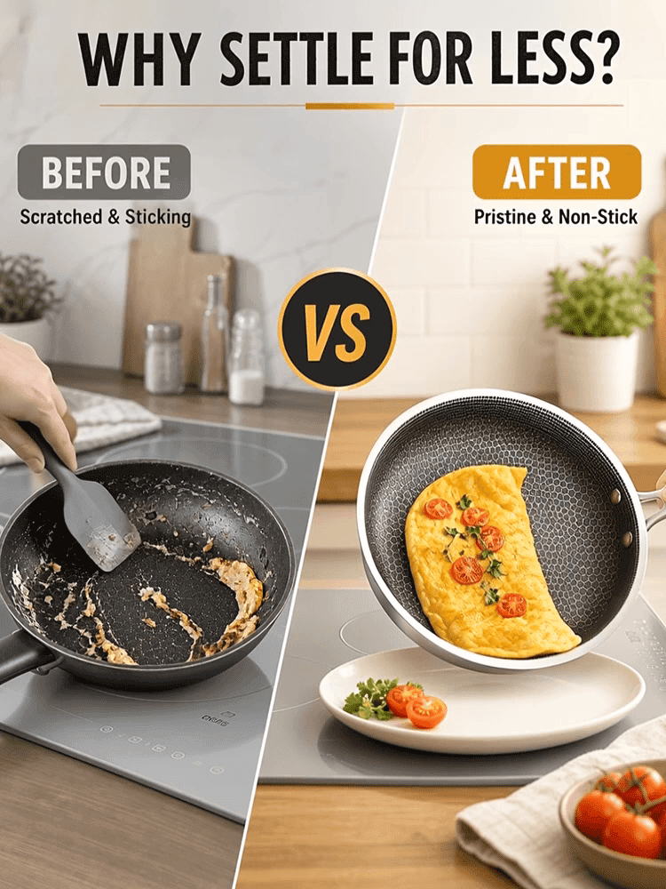 5-Ply Honeycomb Stainless Steel Pan | Zero Chemical Coating, No Sticking, No Warping