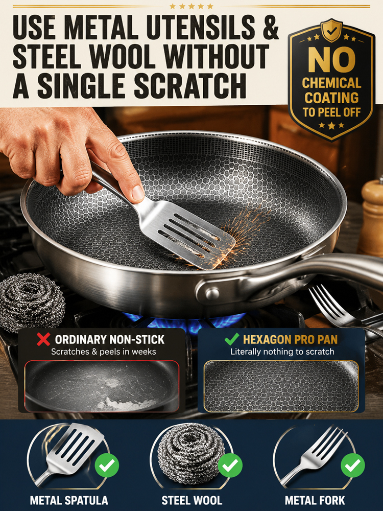 5-Ply Honeycomb Stainless Steel Pan | Zero Chemical Coating, No Sticking, No Warping