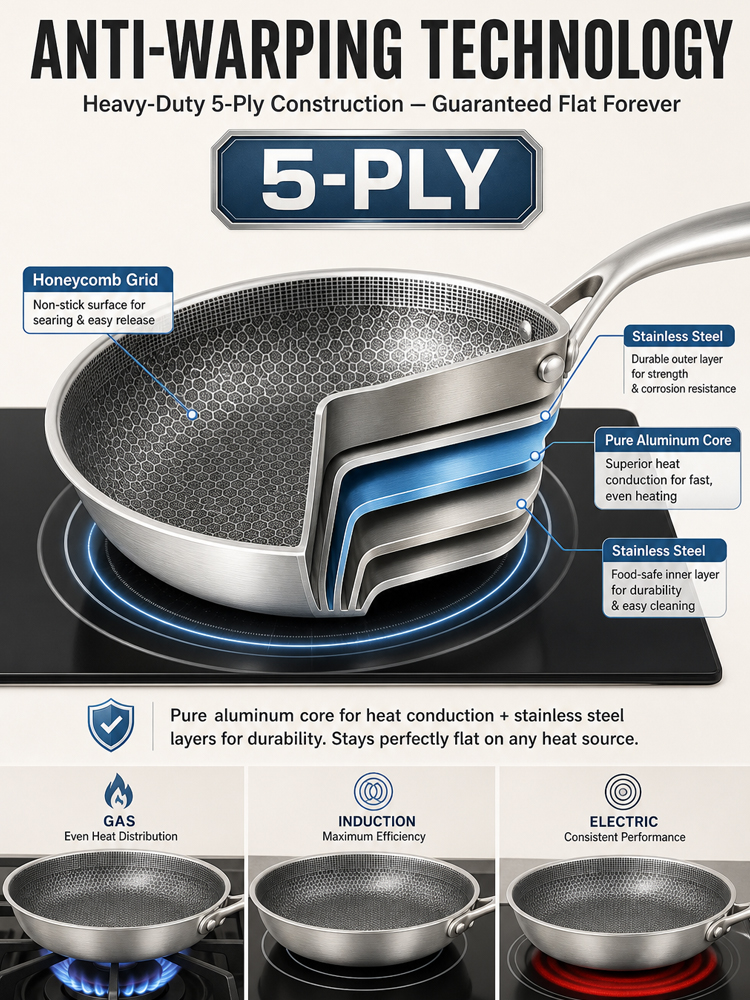 5-Ply Honeycomb Stainless Steel Pan | Zero Chemical Coating, No Sticking, No Warping