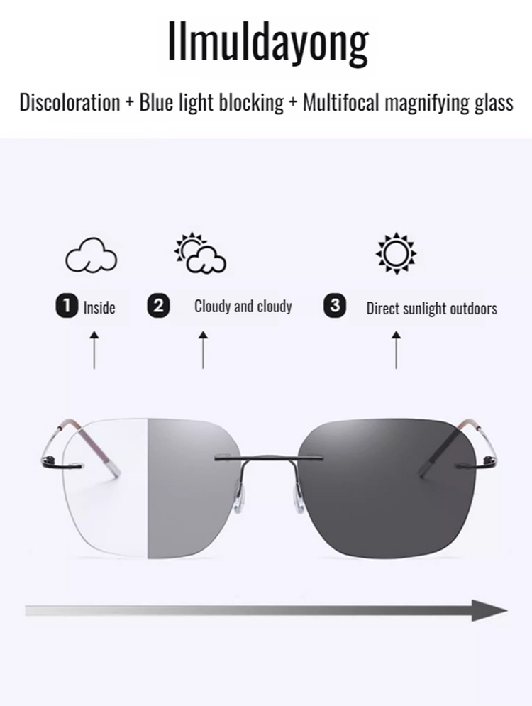Light-sensitive colour-changing zoom rimless presbyopia glasses 【Men's and women's models】