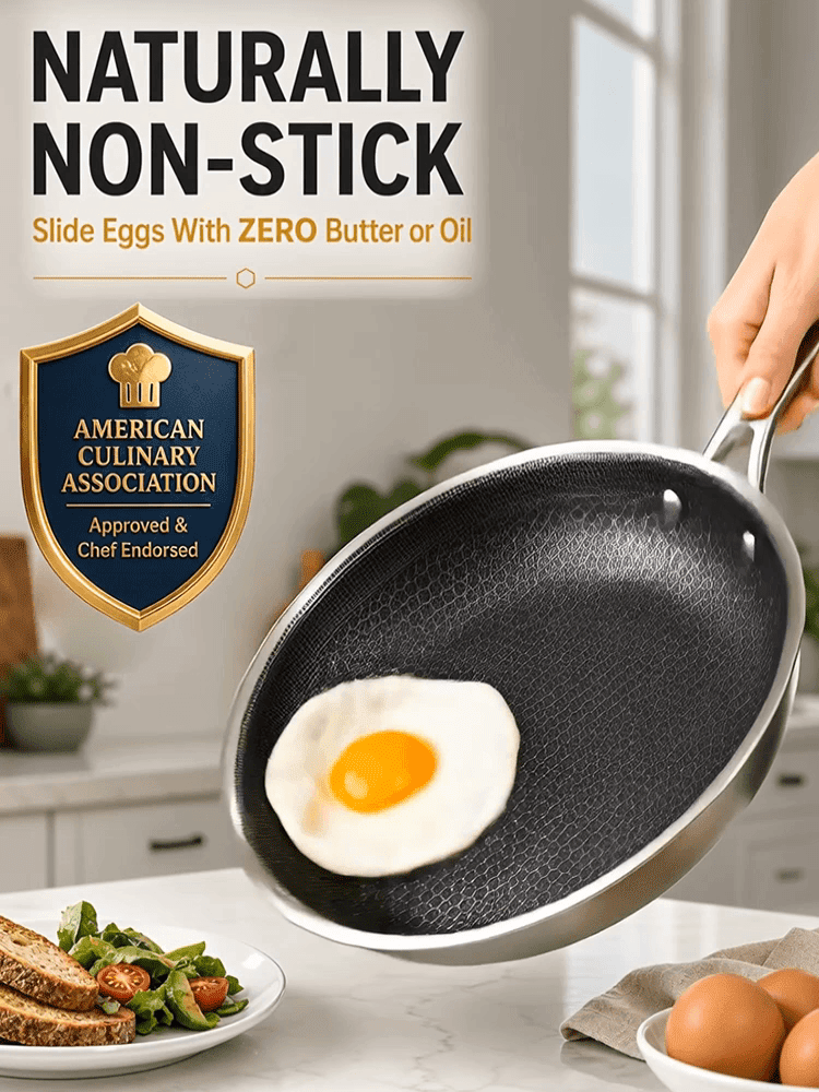 5-Ply Honeycomb Stainless Steel Pan | Zero Chemical Coating, No Sticking, No Warping
