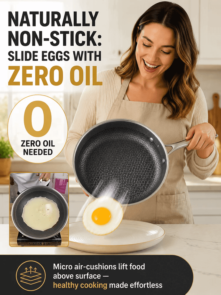 5-Ply Honeycomb Stainless Steel Pan | Zero Chemical Coating, No Sticking, No Warping