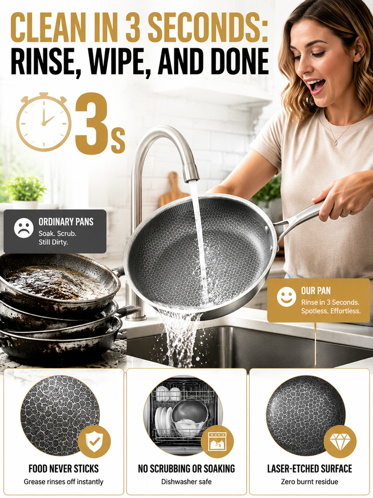 5-Ply Honeycomb Stainless Steel Pan | Zero Chemical Coating, No Sticking, No Warping