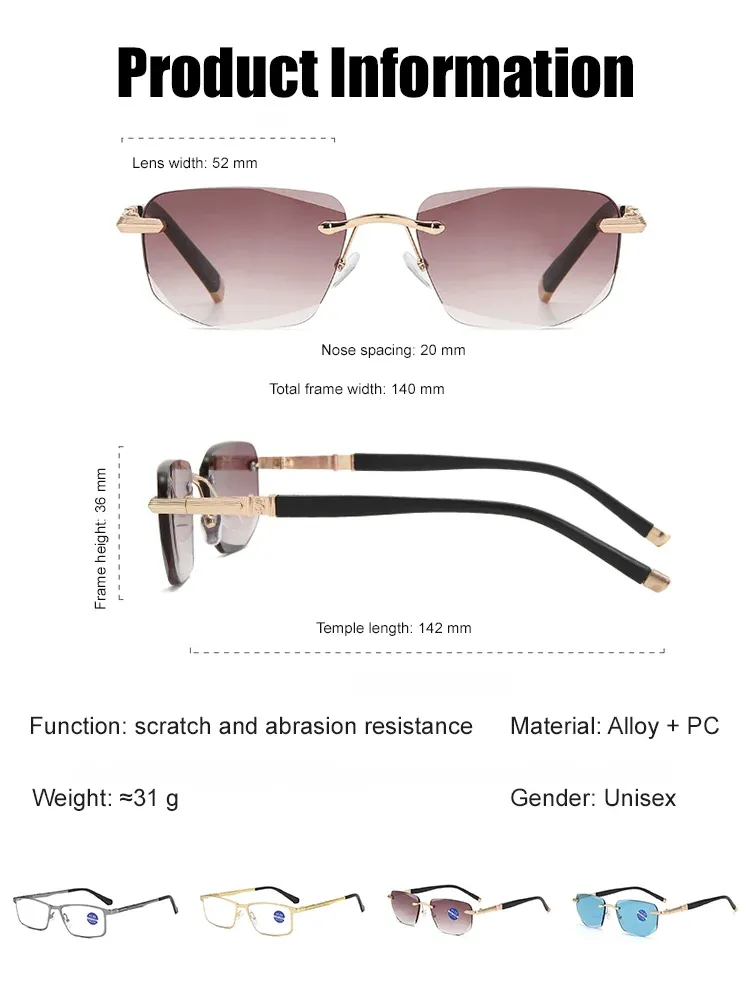 Light-sensitive colour-changing zoom rimless presbyopia glasses 【Men's and women's models】