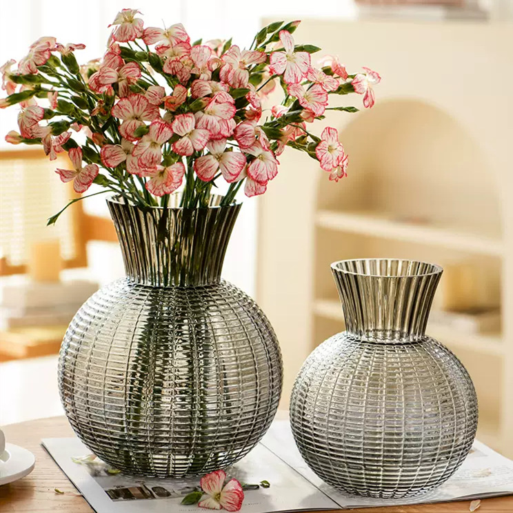 Spherical vertical grain glass vase Creative transparent flower vase Home living room flower arrangement decoration ornaments