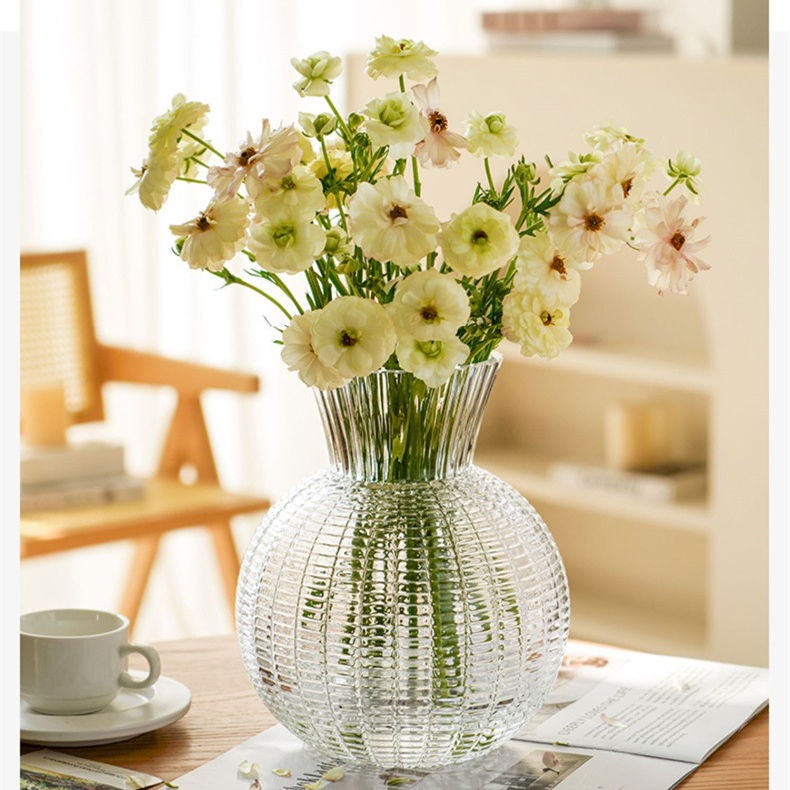 Spherical vertical grain glass vase Creative transparent flower vase Home living room flower arrangement decoration ornaments