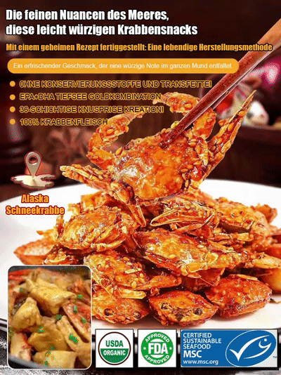 Weltbewegender Snack – keine Chips, keine Nüsse – ganze, knusprige kleine Krebse. Explosiver Geschmack.