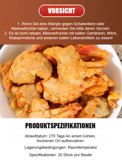 Weltbewegender Snack – keine Chips, keine Nüsse – ganze, knusprige kleine Krebse. Explosiver Geschmack.