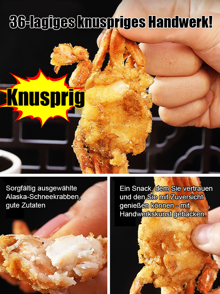 Weltbewegender Snack – keine Chips, keine Nüsse – ganze, knusprige kleine Krebse. Explosiver Geschmack.