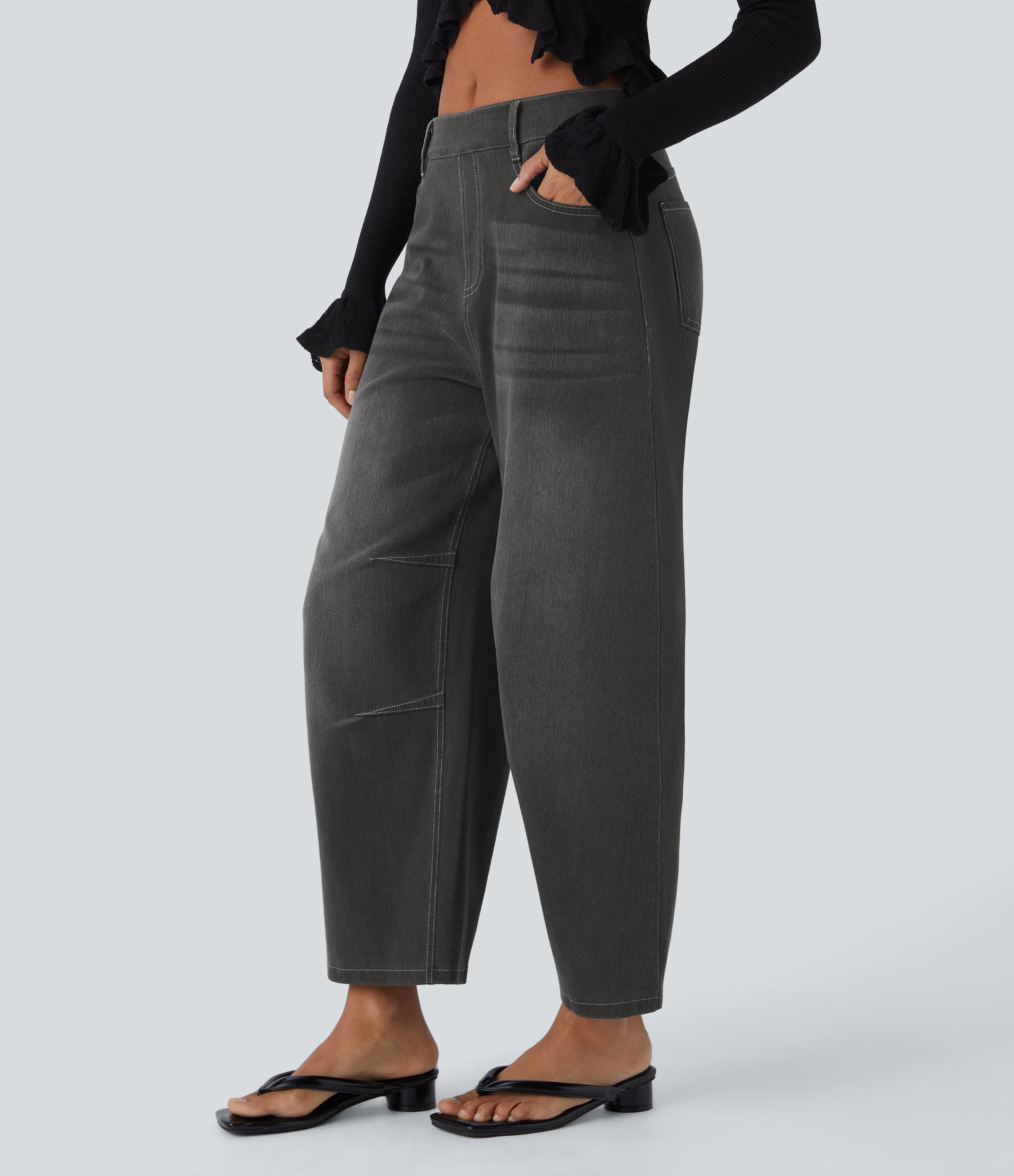 FlexMid Rise Pockets Barrel Leg Casual Jeans