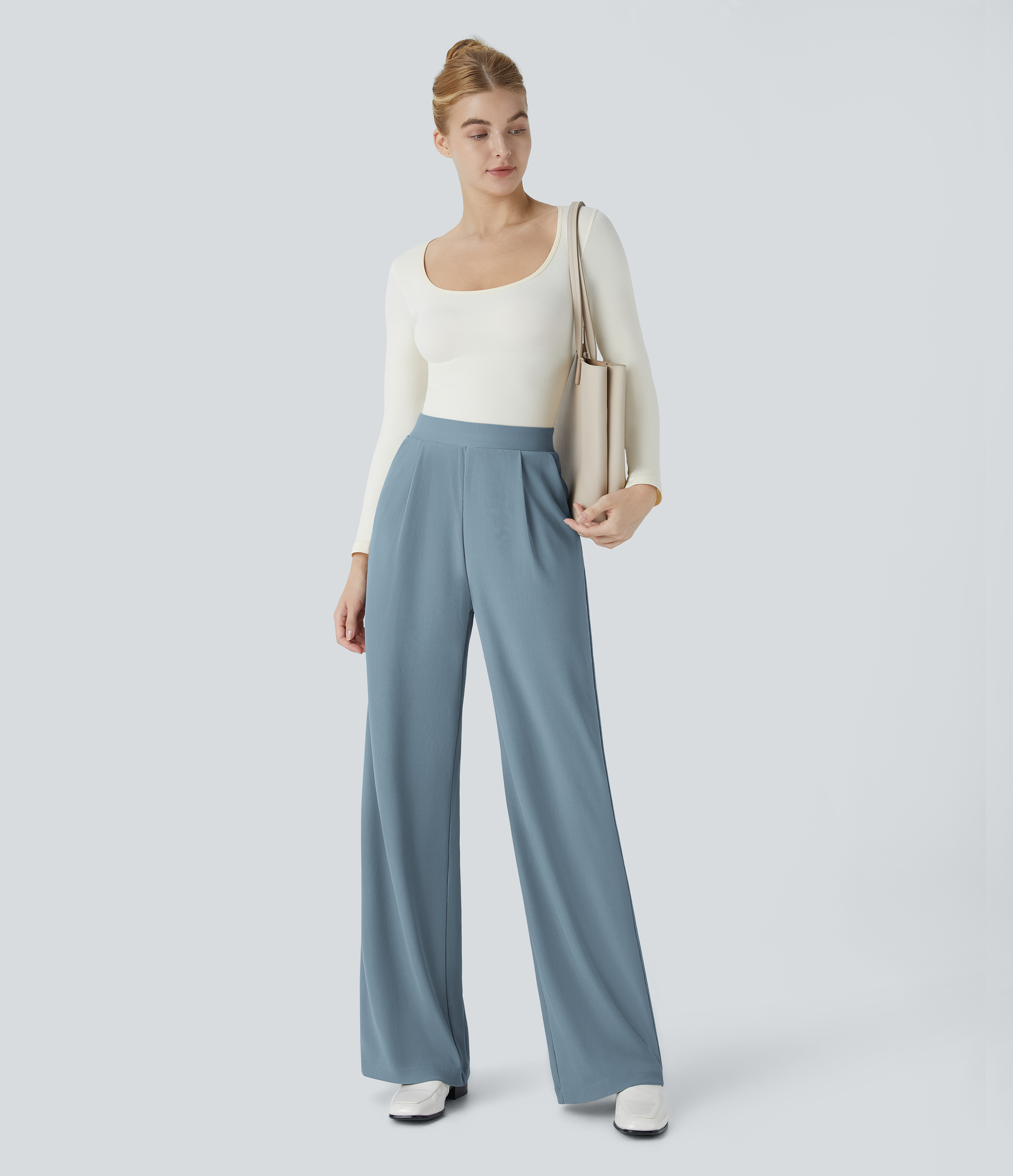 FlexHigh Waisted Body Sculpt Waist-Slimming Pocket Wide Leg Micro Waffle Work Pants