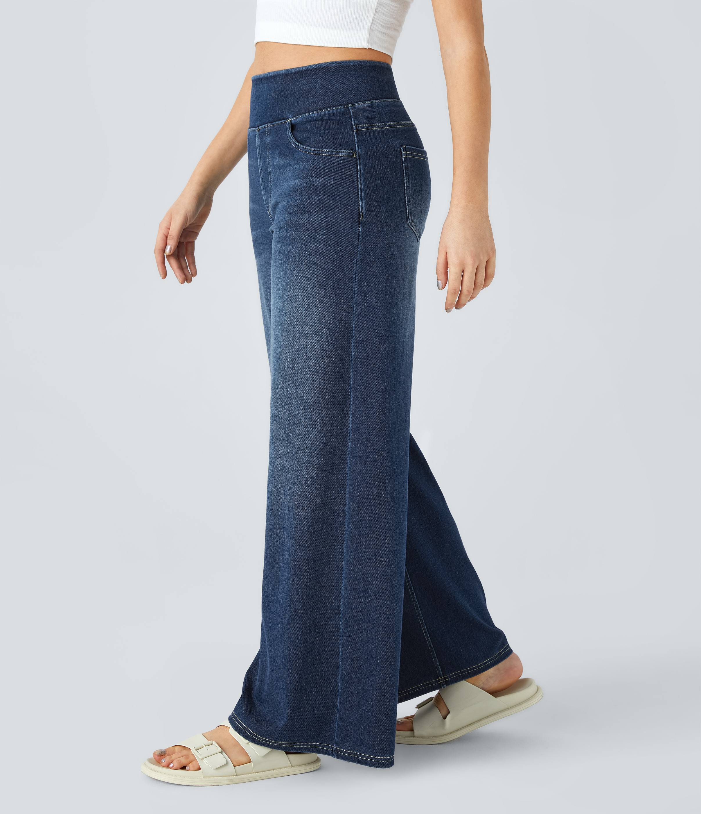 FlexHigh Waisted Pockets Baggy Wide Leg Washed Casual Jeans