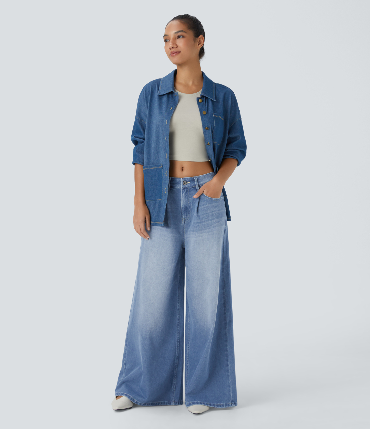 FlexMid Rise Zipper Pockets Baggy Wide Leg Washed Casual Jeans