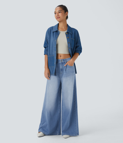 FlexMid Rise Zipper Pockets Baggy Wide Leg Washed Casual Jeans