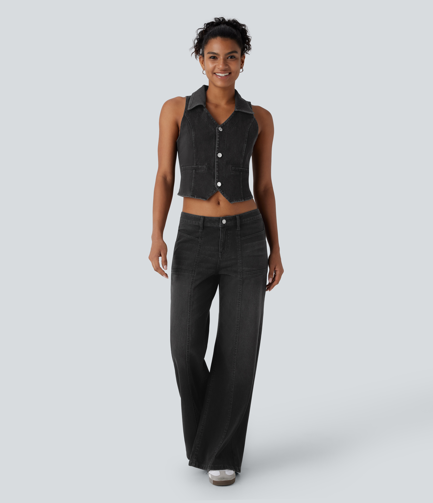 FlexLow Rise Zipper Pockets Baggy Wide Leg Flare Washed Casual Jeans