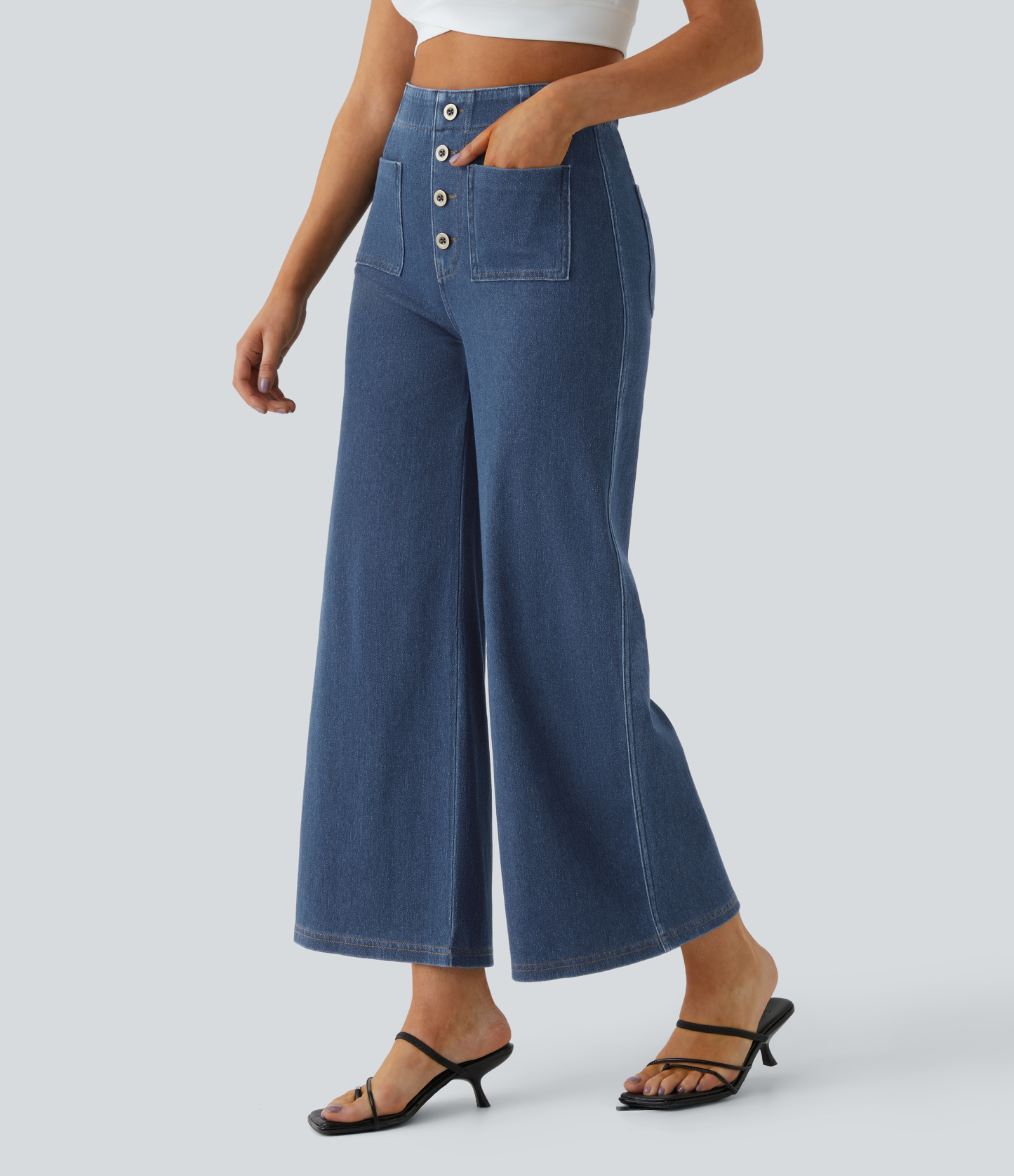 FlexHigh Waisted Pockets Washed Casual Wide Leg Jeans