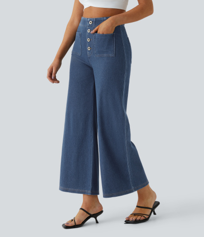 FlexHigh Waisted Pockets Washed Casual Wide Leg Jeans
