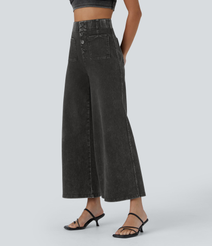 FlexHigh Waisted Pockets Washed Casual Wide Leg Jeans