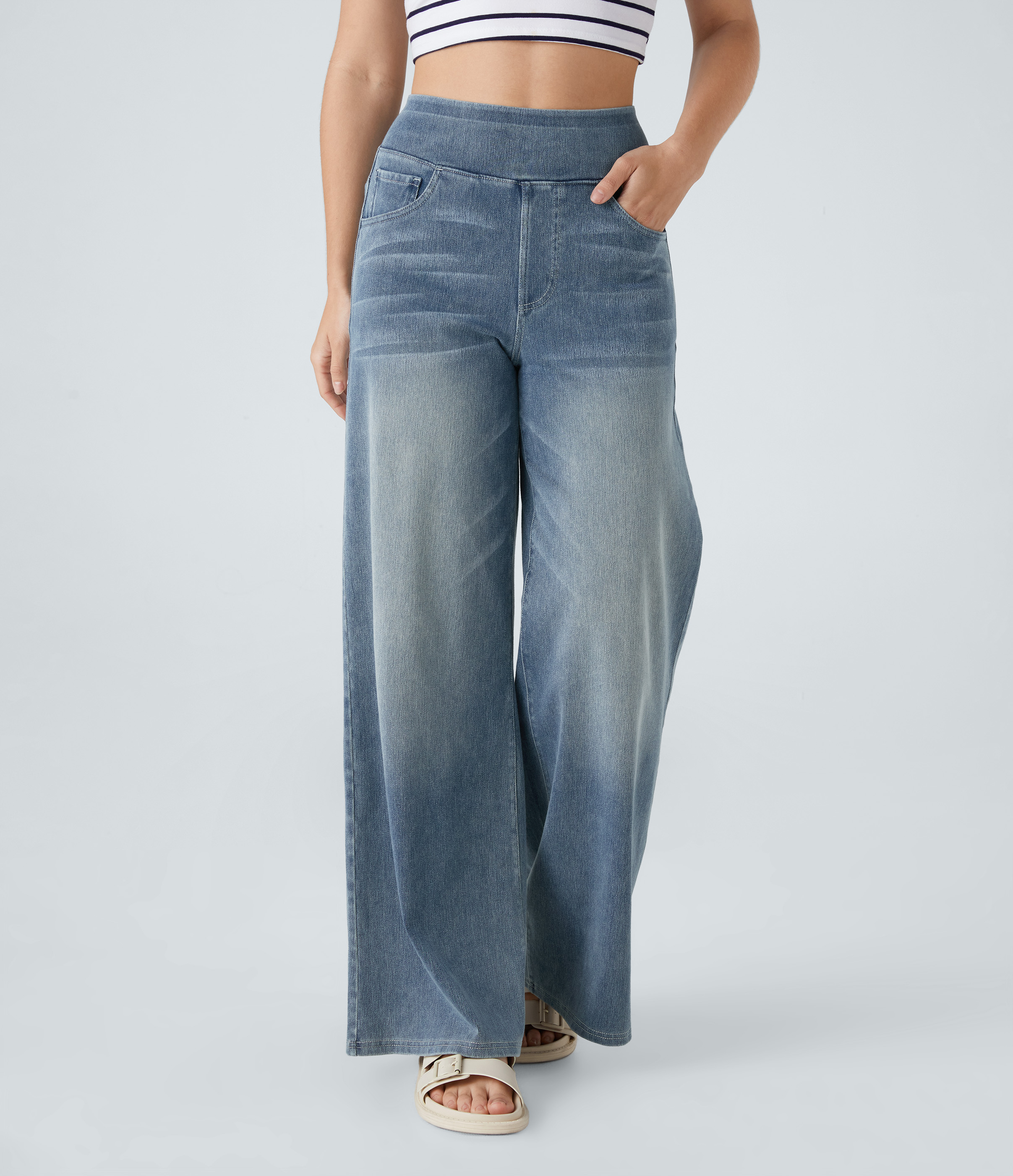 FlexHigh Waisted Pockets Baggy Wide Leg Washed Casual Jeans
